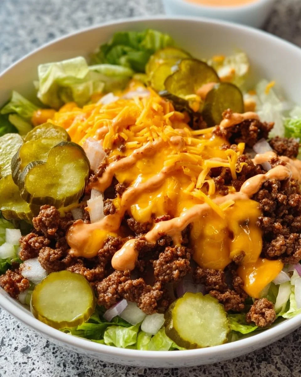 Low-carb cheeseburger bowl with tangy sauce and fresh toppings