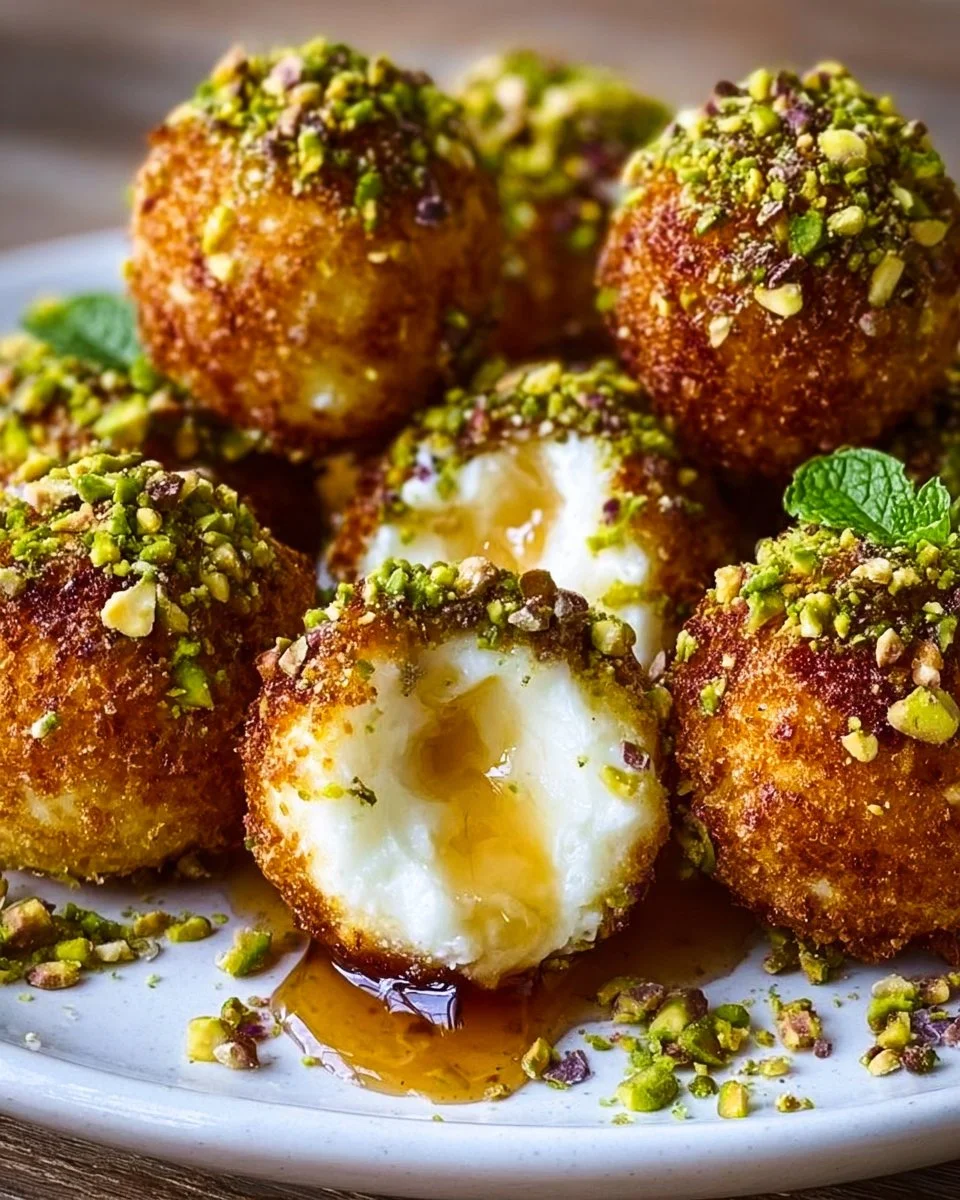 Delicious Ricotta Pistachio Honey Bites served on a platter with honey drizzle