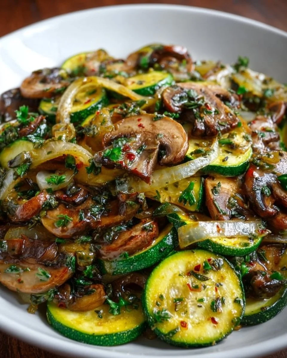 Dish of sautéed zucchini with mushrooms and onions, healthy side dish