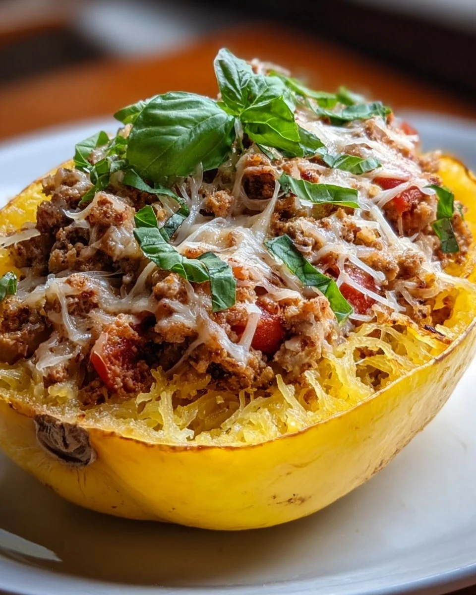 Healthy spaghetti squash casserole with ground turkey dish ready to serve.