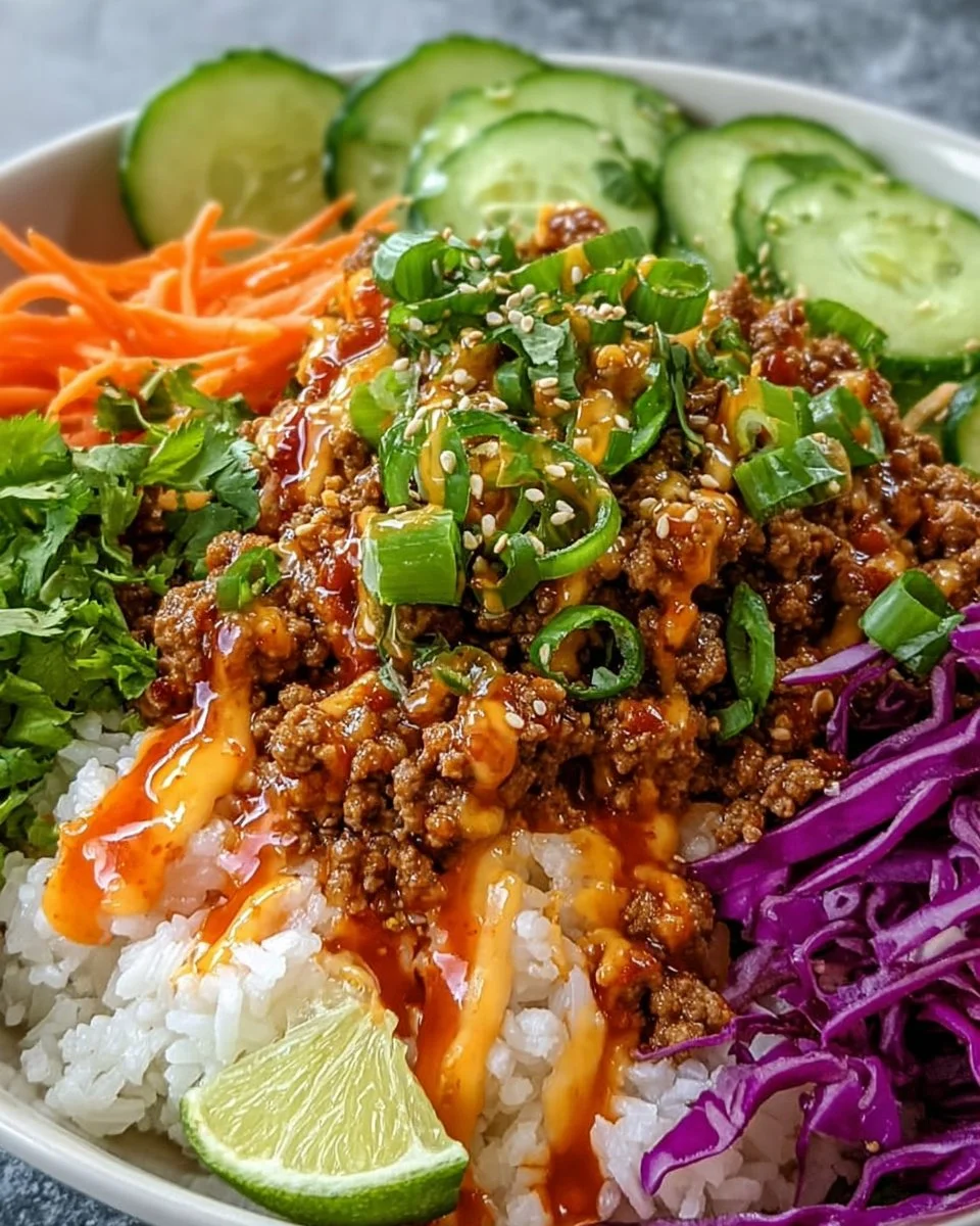 Spicy Bang Bang Turkey Bowls with colorful vegetables and creamy sauce