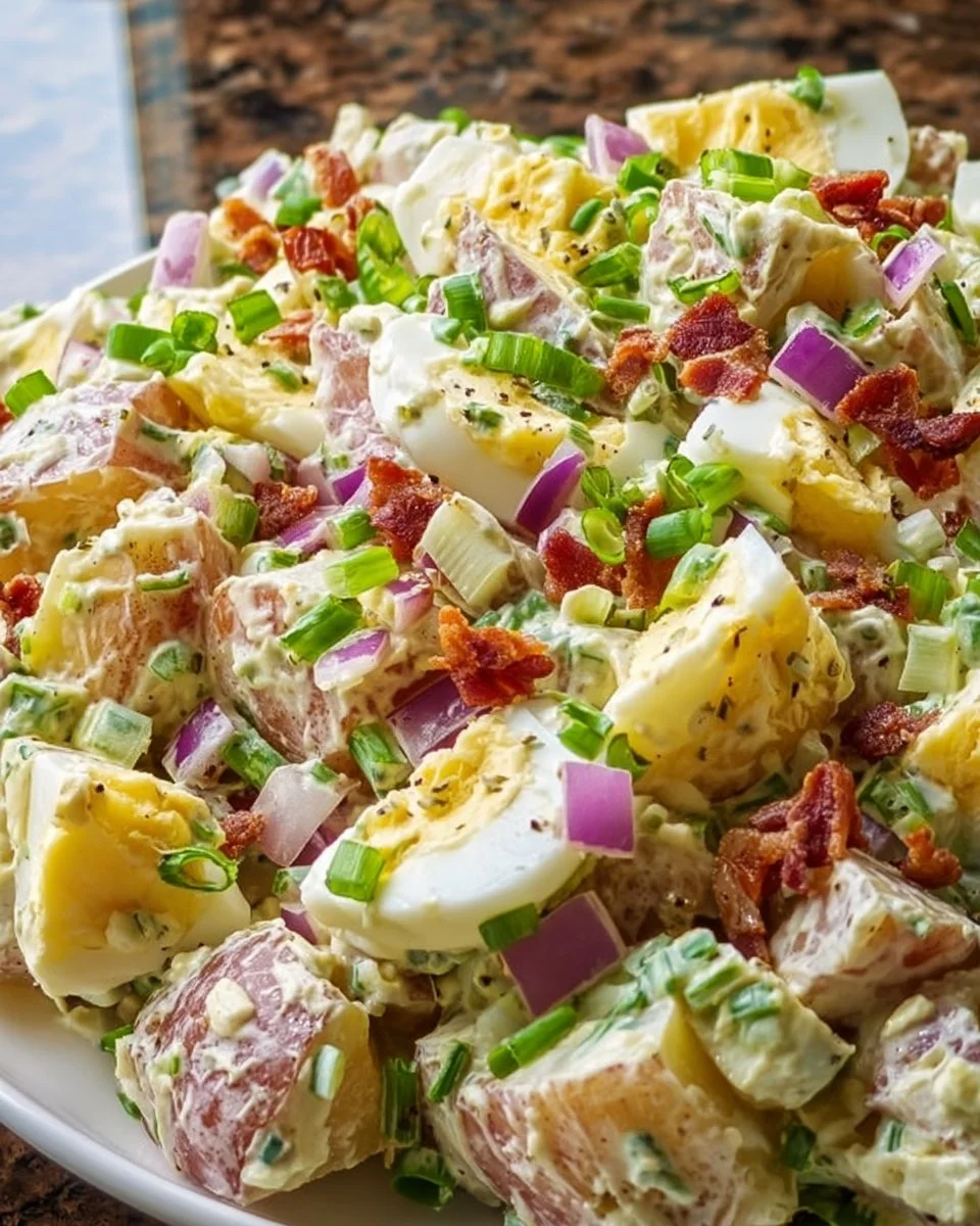 Delicious steakhouse potato salad served in a bowl with herbs and spices