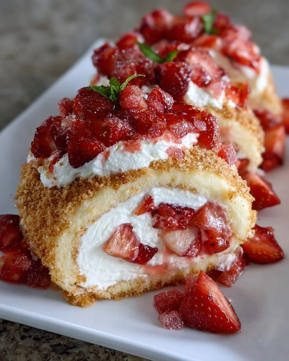 Strawberry shortcake cheesecake rolls displayed on a plate
