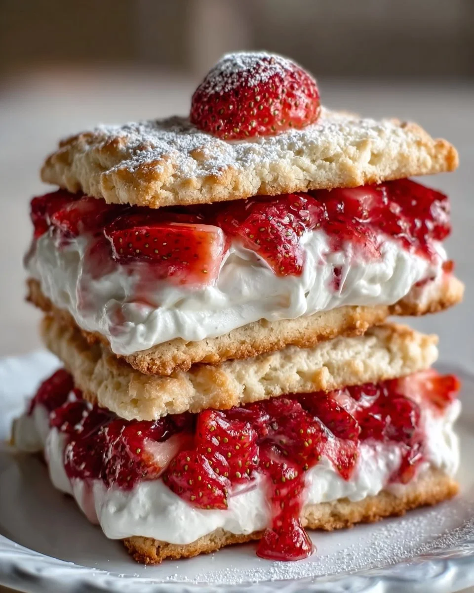 Freshly baked strawberry shortcake cookies with strawberries and cream filling.
