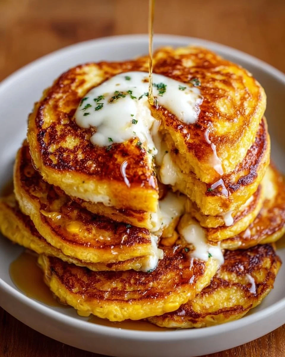 Delicious sweet corn pancakes stacked on a plate with syrup and butter