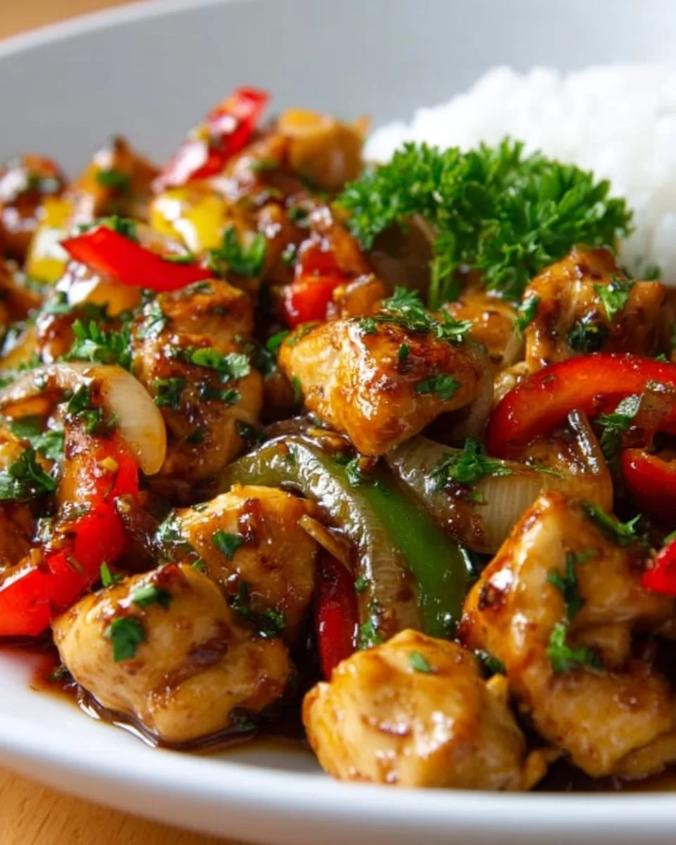 Delicious Thai Chicken dish garnished with herbs and served with rice.