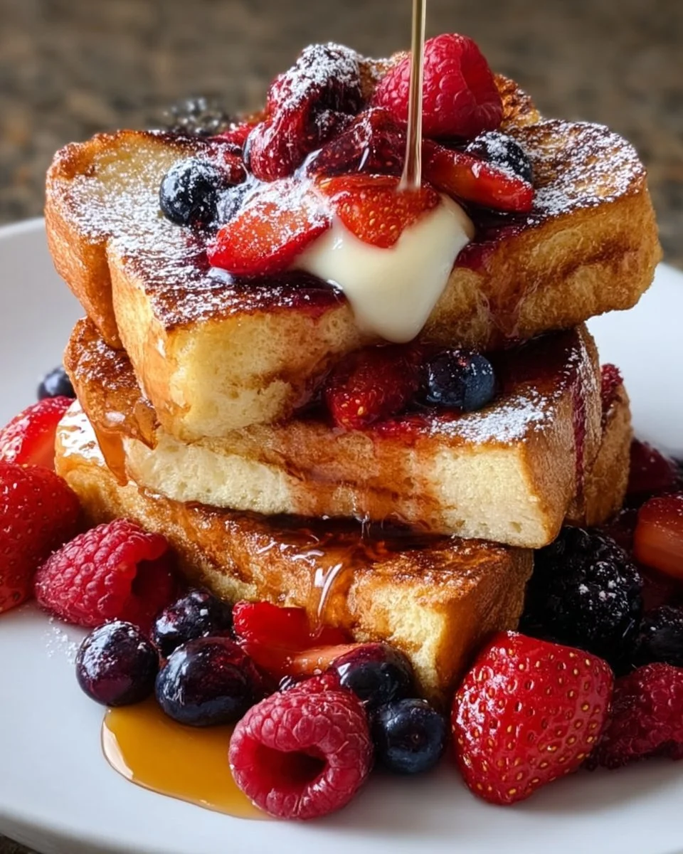 Triple Berry French Toast Bake with fresh berries and syrup on a serving platter