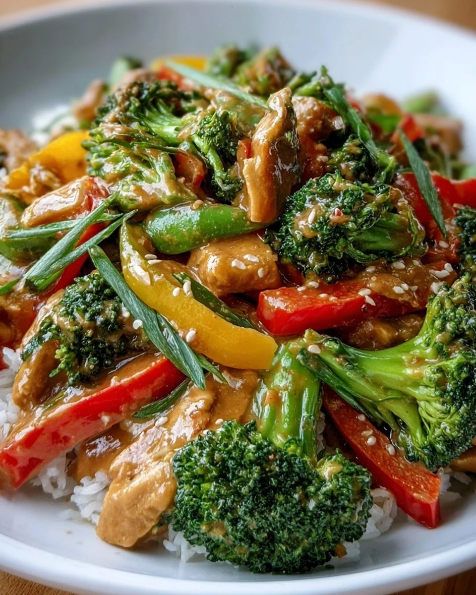Veggie stir-fry with peanut sauce featuring colorful vegetables in a bowl