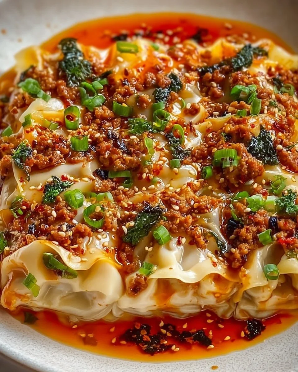 Cheesy dumpling lasagna fresh out of the oven, topped with herbs and ready to serve.