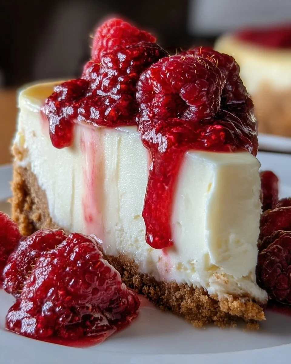 Slice of white chocolate raspberry cheesecake decorated with fresh raspberries