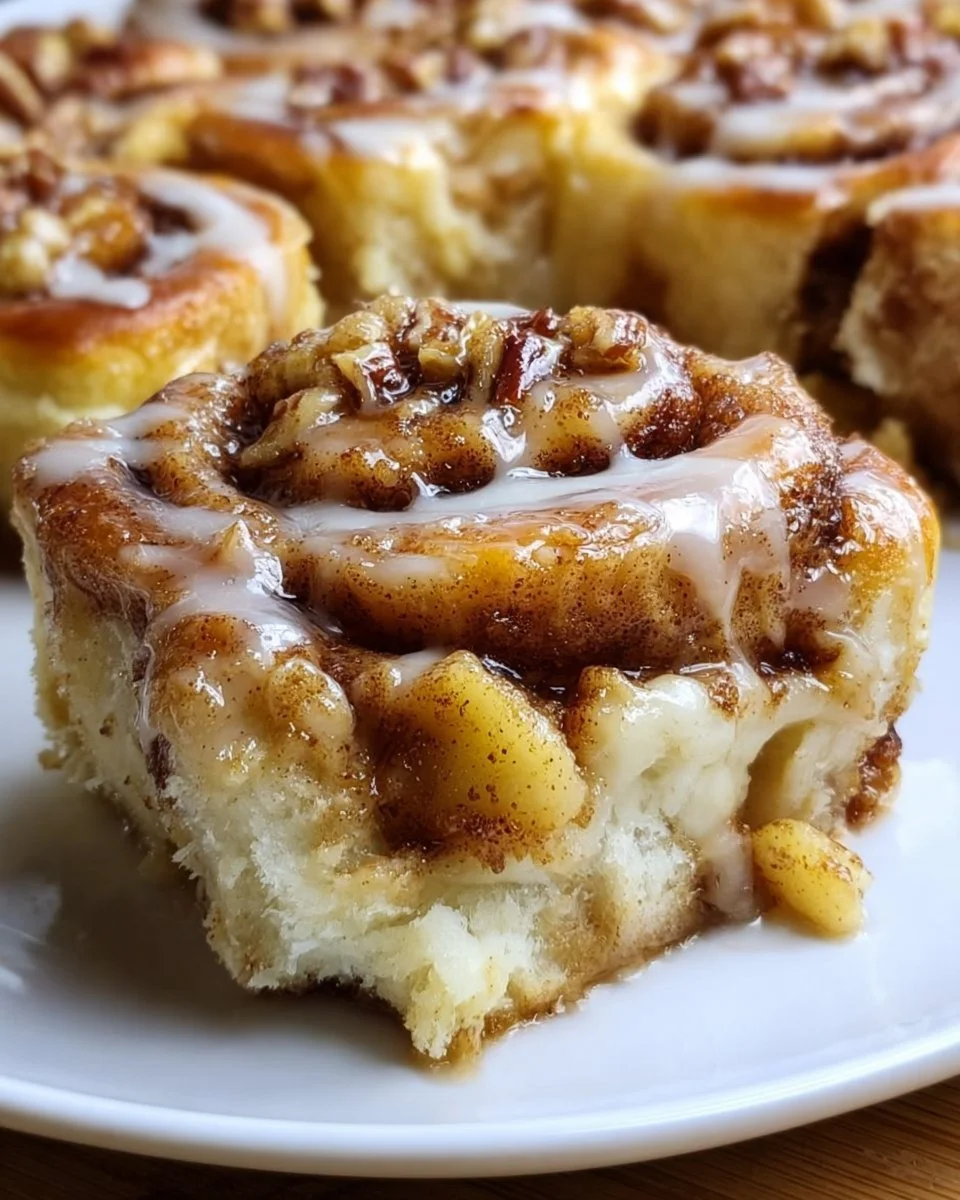 Delicious Apple Pie Cinnamon Roll Bake served warm with a drizzle of icing.