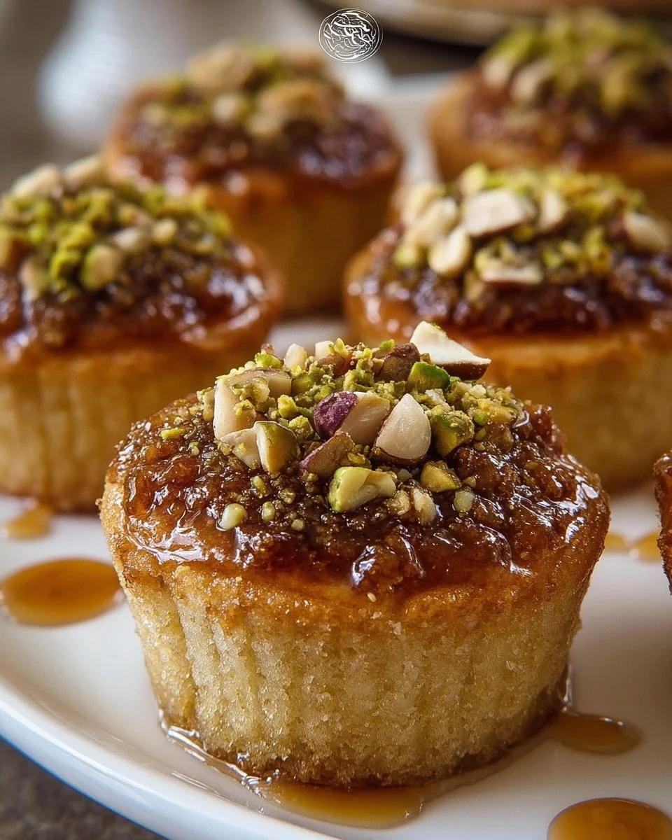 Delicious baklava muffins topped with nuts and honey glaze.