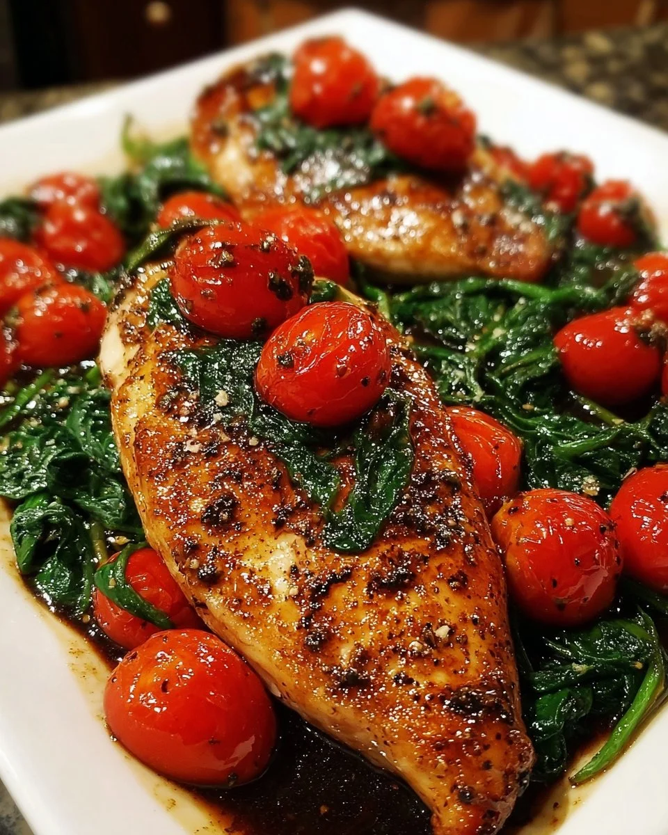 Balsamic chicken breast with spinach and tomatoes on a plate