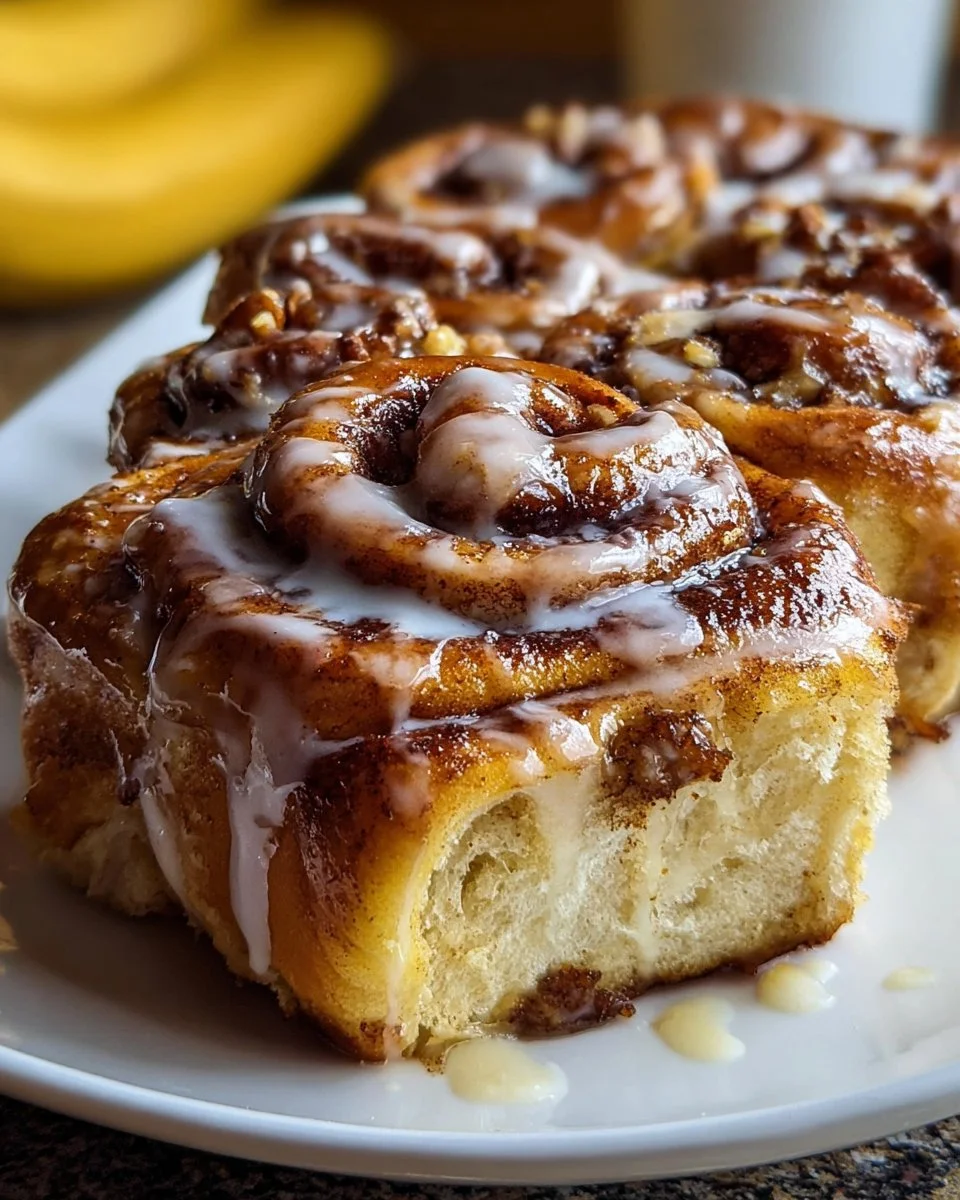 Delicious banana bread cinnamon rolls topped with cream cheese icing
