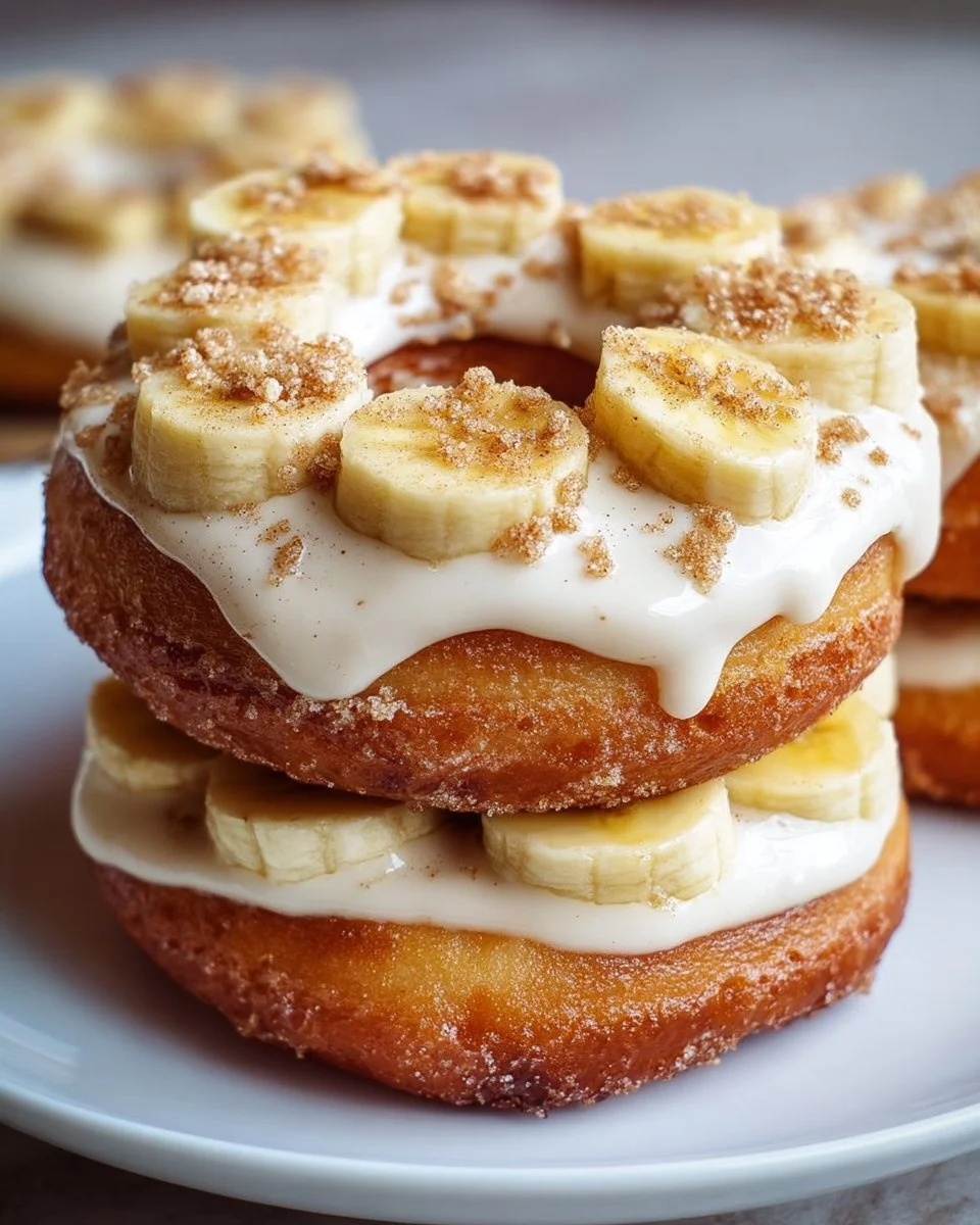 Delicious banana donuts with cinnamon cream cheese frosting on a plate