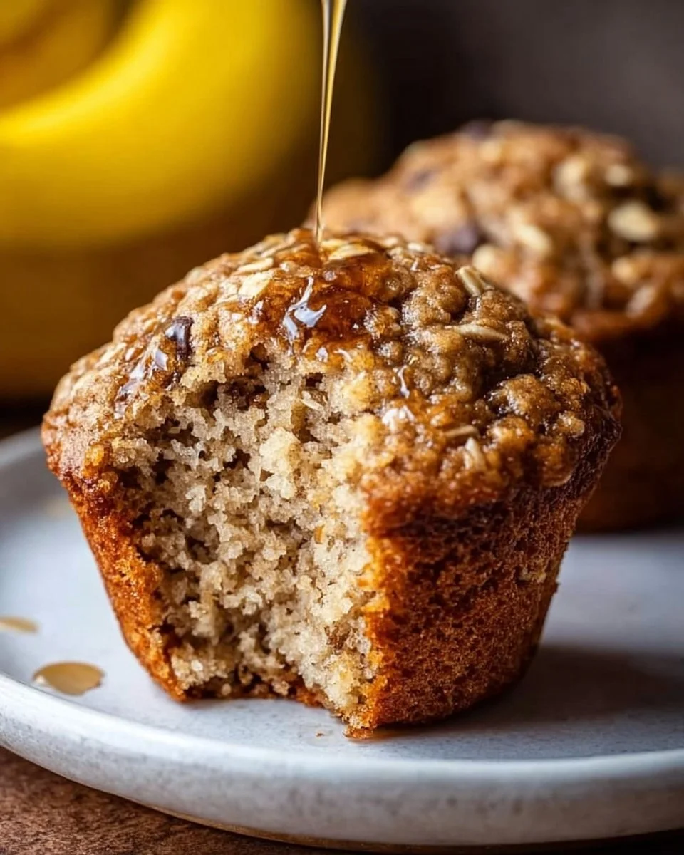 Freshly baked banana oatmeal muffins on a wooden table