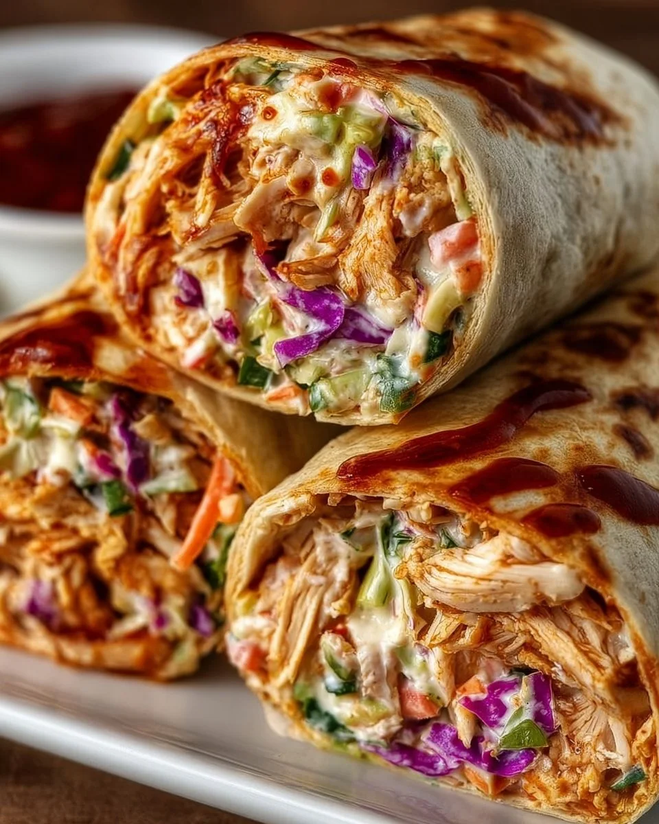 Delicious BBQ chicken wraps with coleslaw filling on a wooden table.