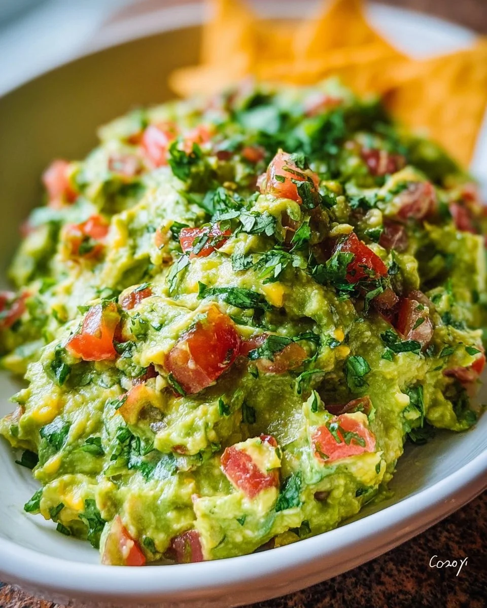 Delicious homemade guacamole served with tortilla chips.