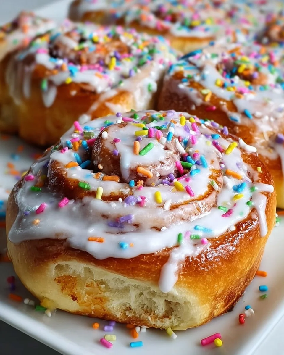 Delicious birthday cake cinnamon rolls topped with colorful sprinkles