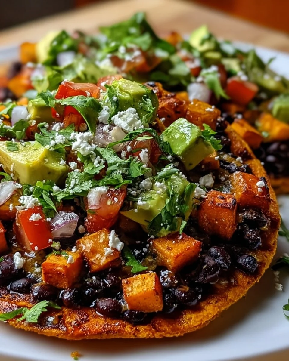 Delicious black bean sweet potato tostadas topped with fresh ingredients.