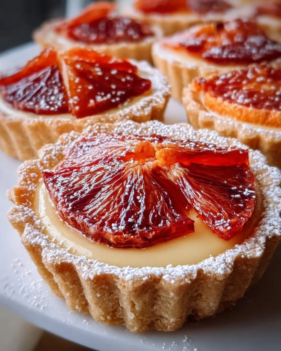 Delicious blood orange tarts topped with creamy custard and vibrant citrus slices
