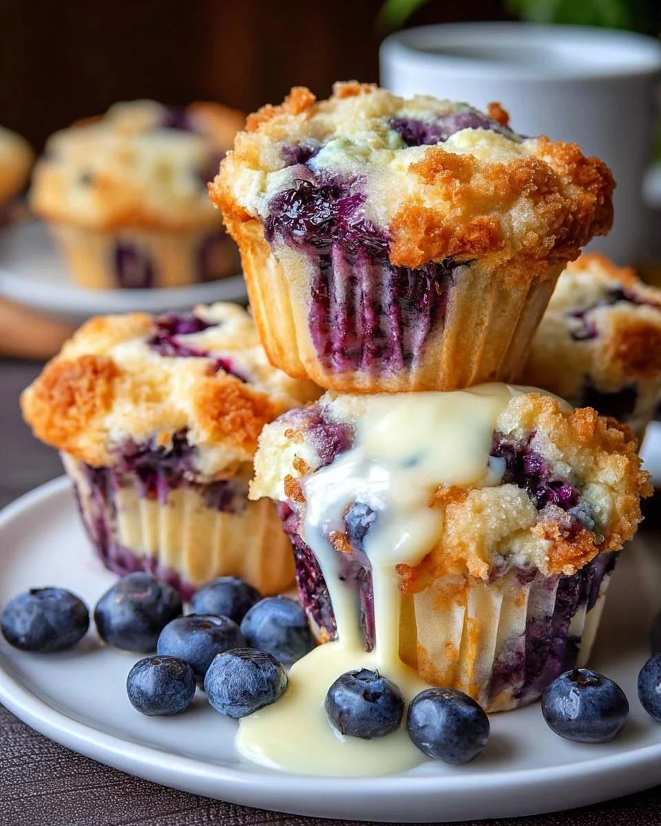 Delicious blueberry cream cheese muffins with fresh blueberries and cream cheese swirl.