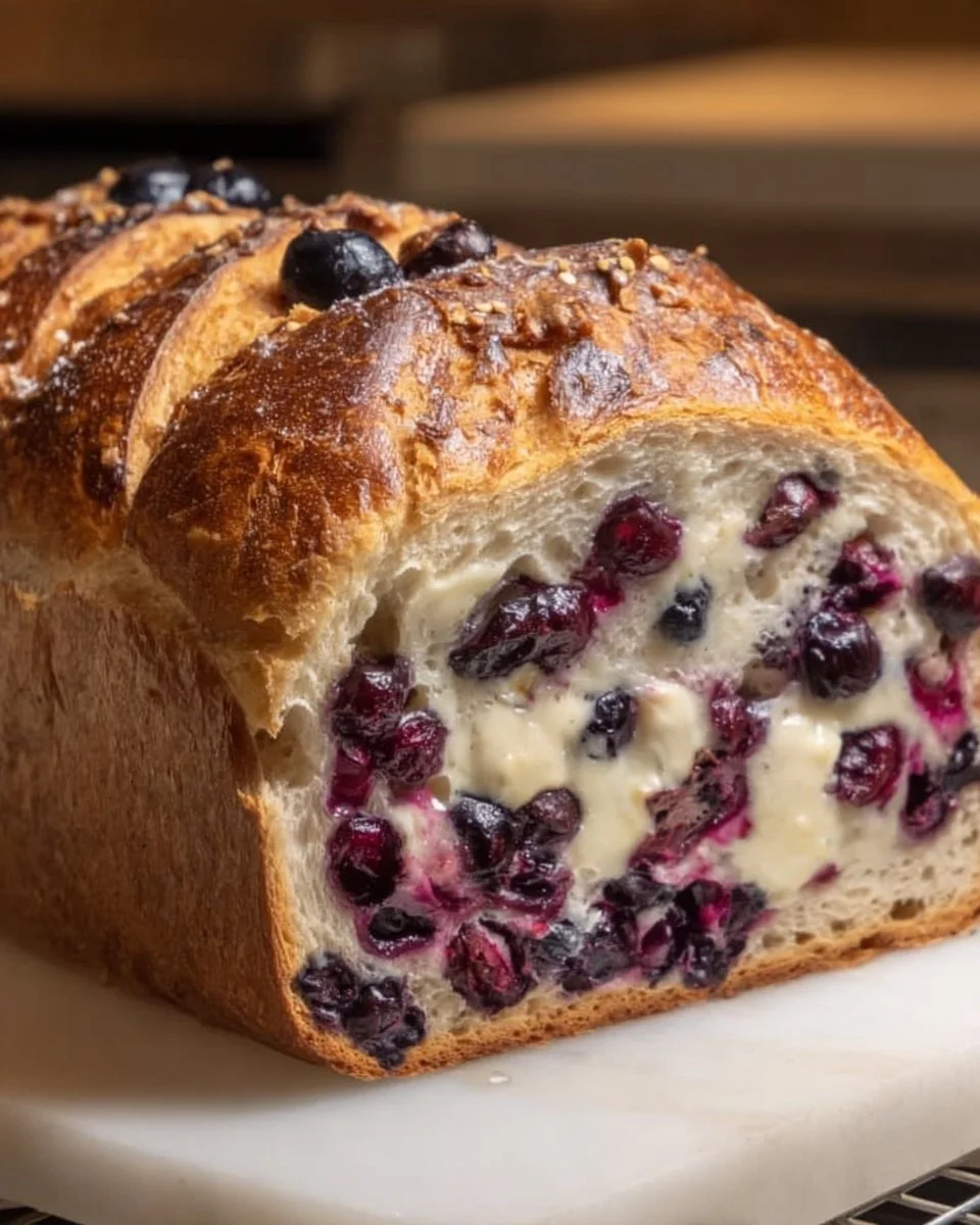 Freshly baked Blueberry Cream Cheese Sourdough loaf on a wooden table