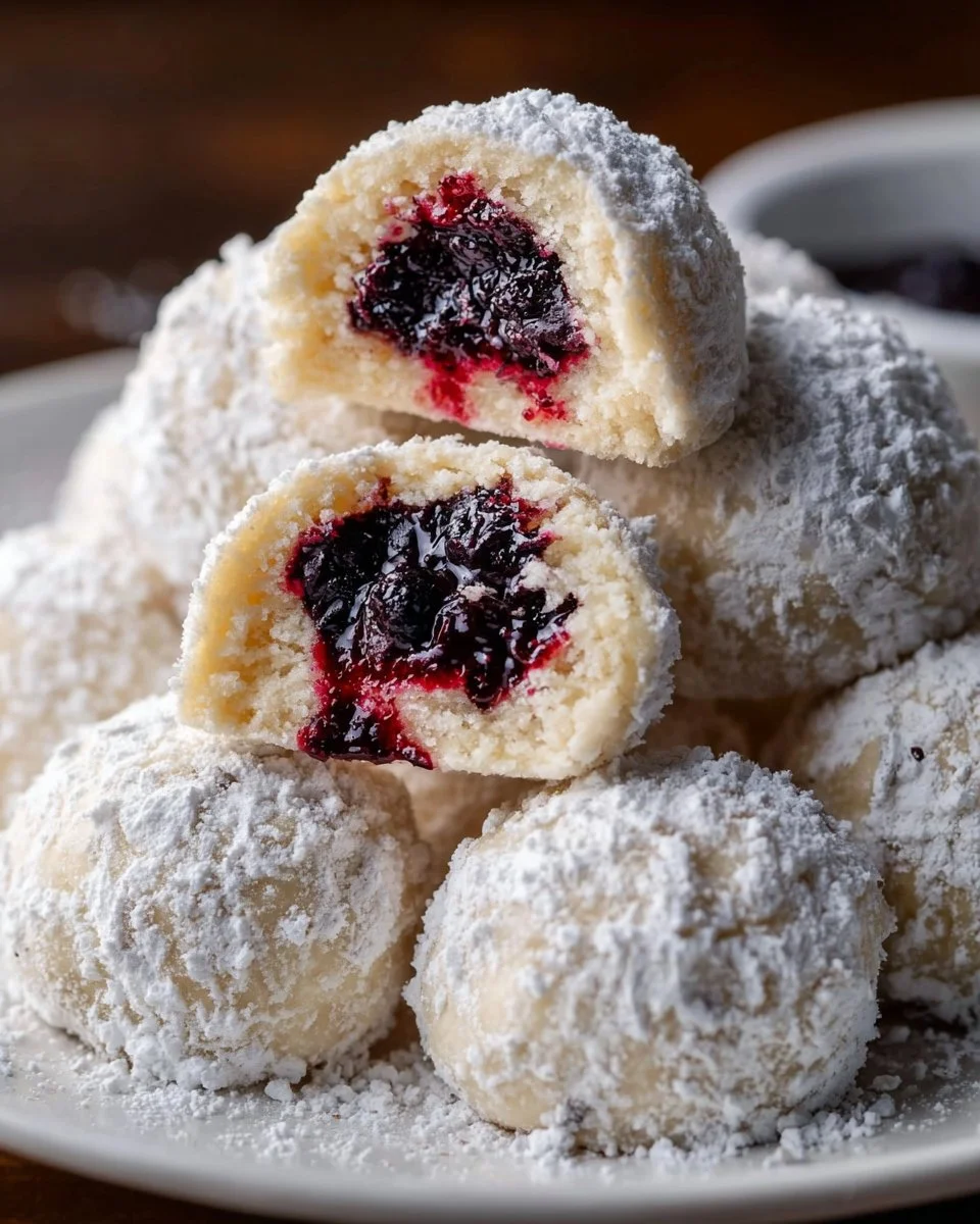 Blueberry-Filled Almond Snowball Cookies on a plate
