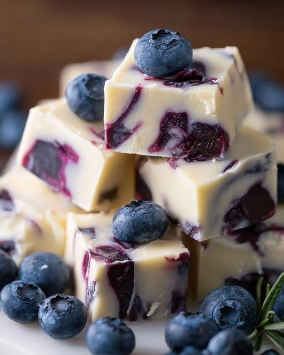 Delicious homemade blueberry fudge on a wooden platter