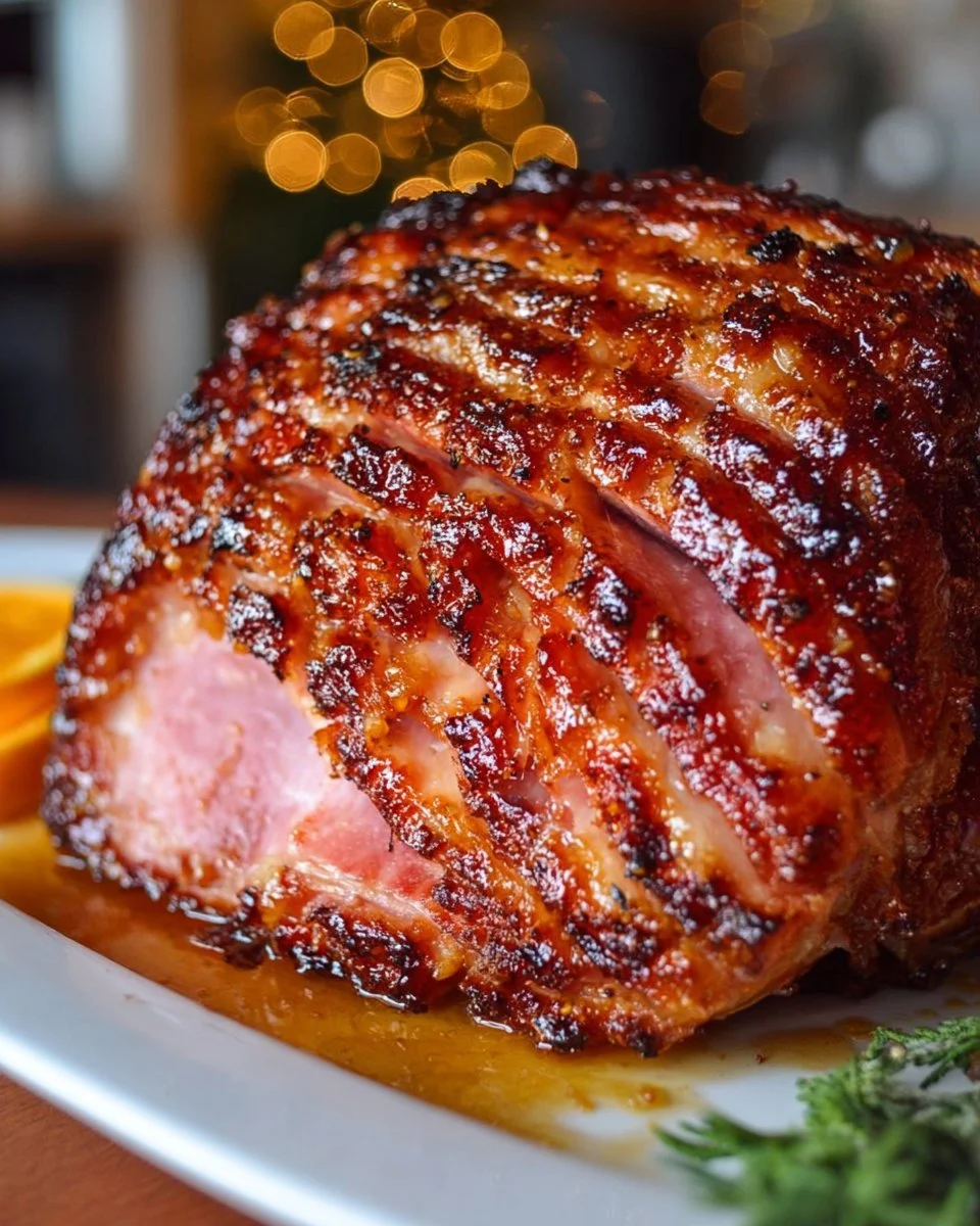 Brown Sugar Glazed Ham with Honey Orange Glaze served on a festive table.