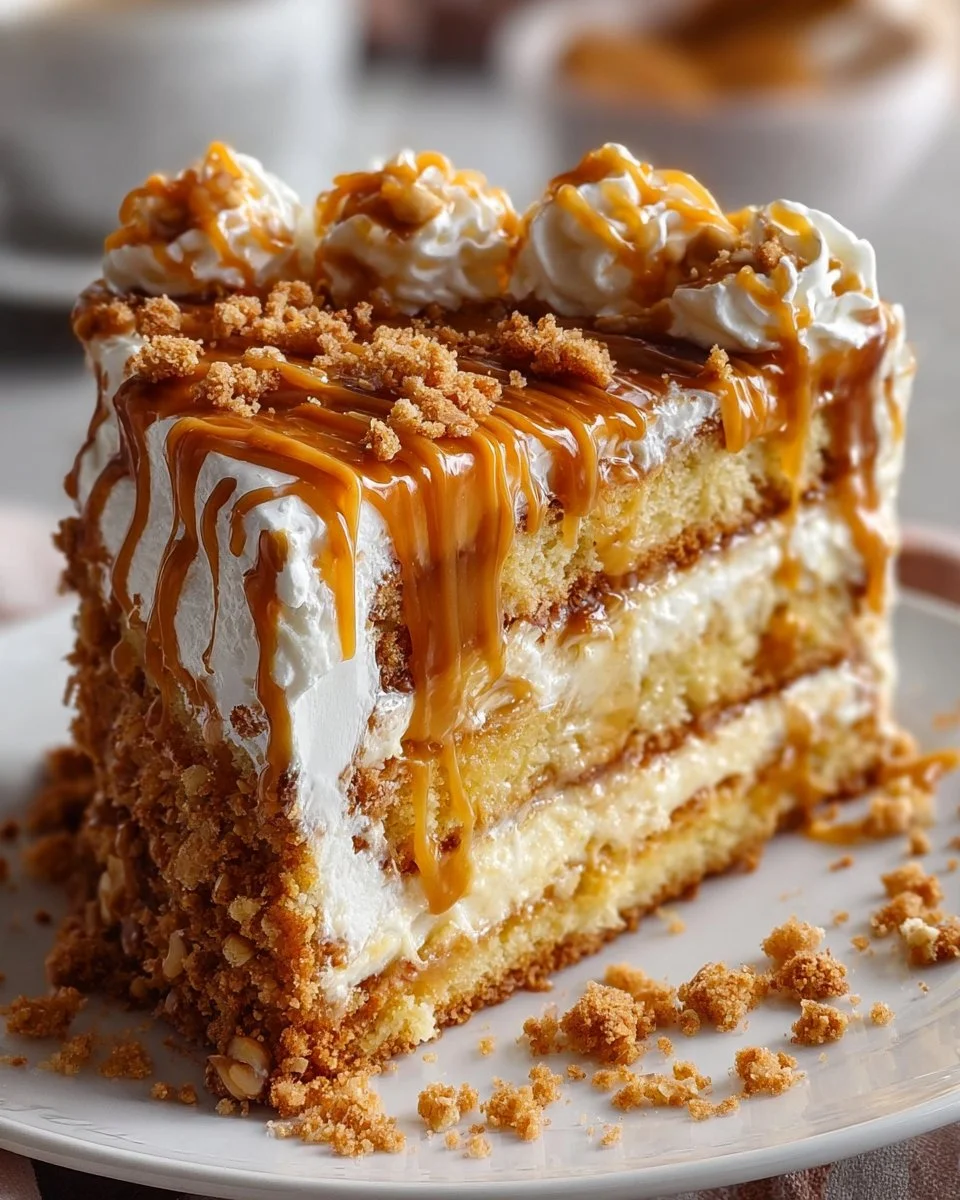 Delicious Butterscotch Crunch Cake dessert with caramel topping and crunchy texture.