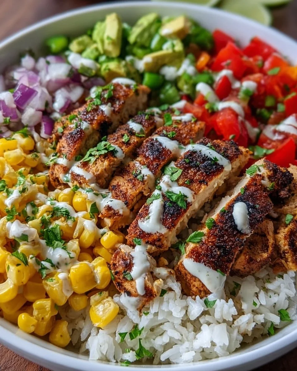 Cajun Chicken Bowl with spicy chicken, vegetables, and rice in a serving dish