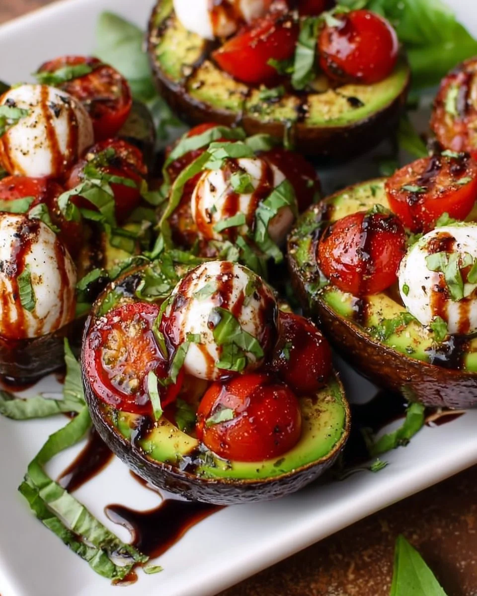 Caprese stuffed avocados topped with sweet balsamic glaze for a fresh salad dish.