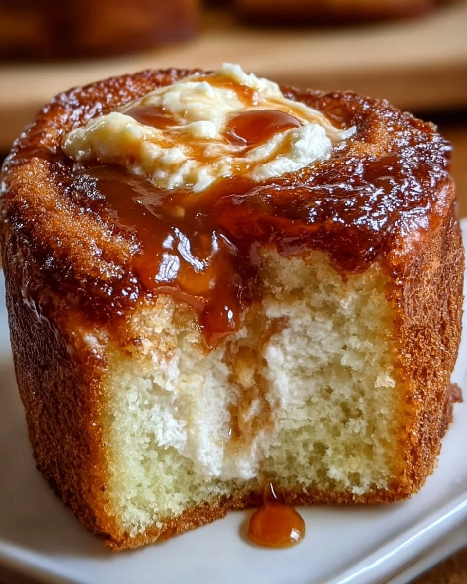 Freshly baked Caramel Cream Cheese Bread with a golden caramel topping