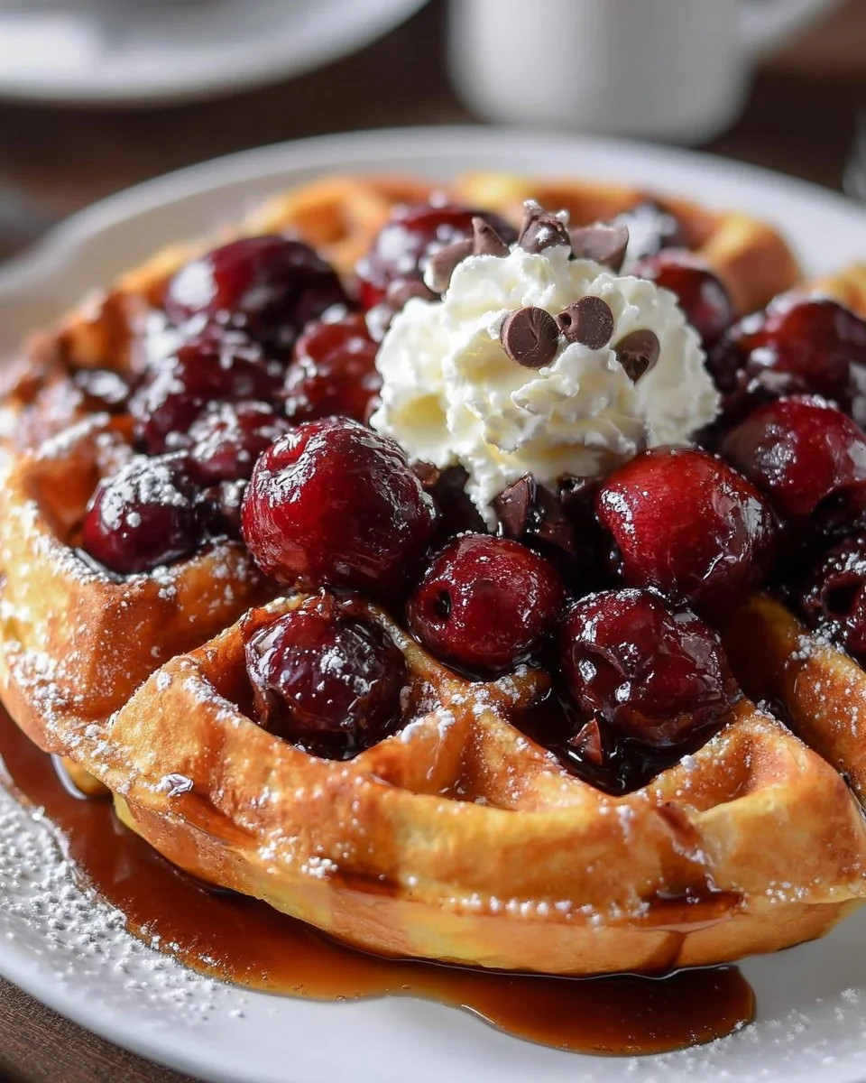 Delicious cherry chocolate chip waffles served on a plate with syrup