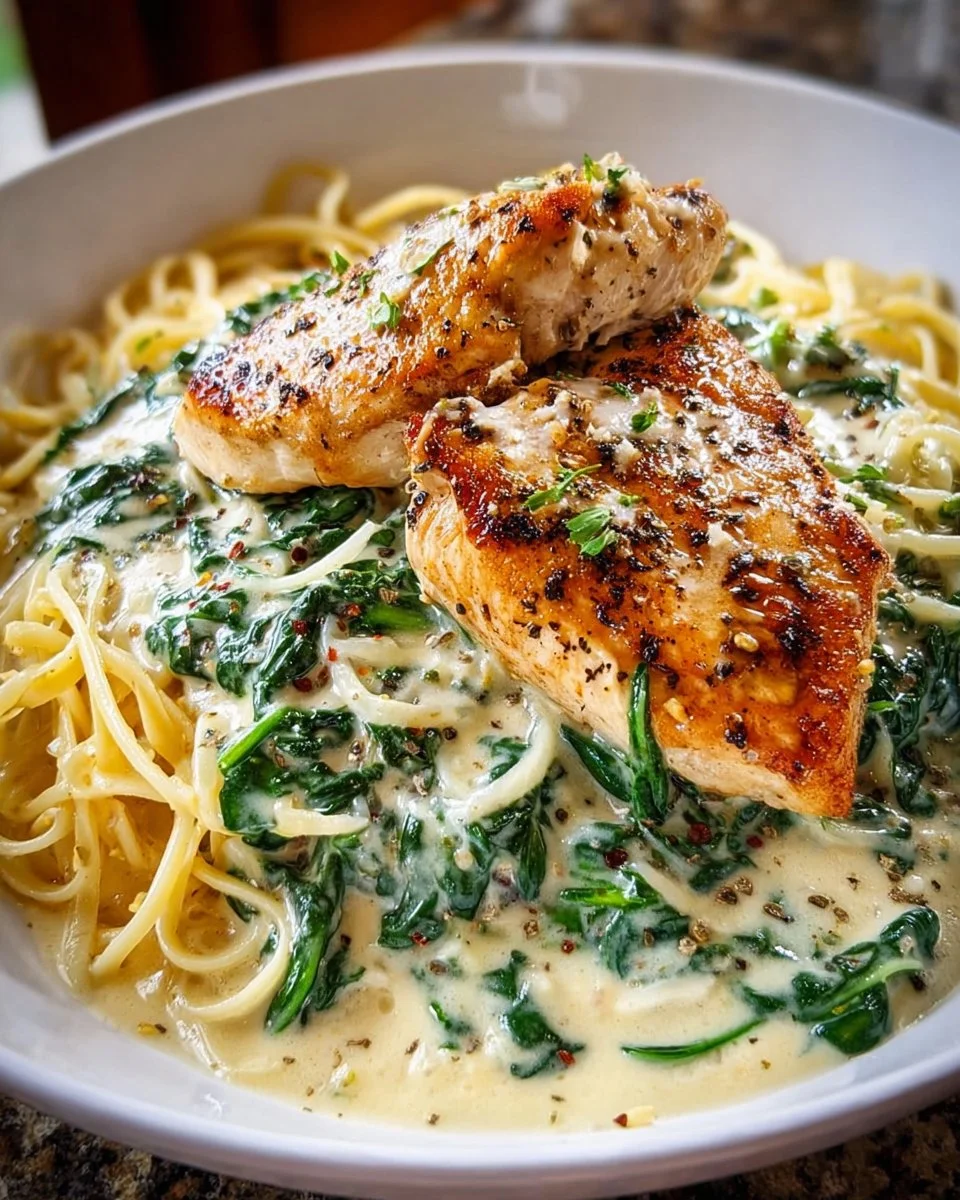Plate of Chicken Florentine with spinach and creamy sauce