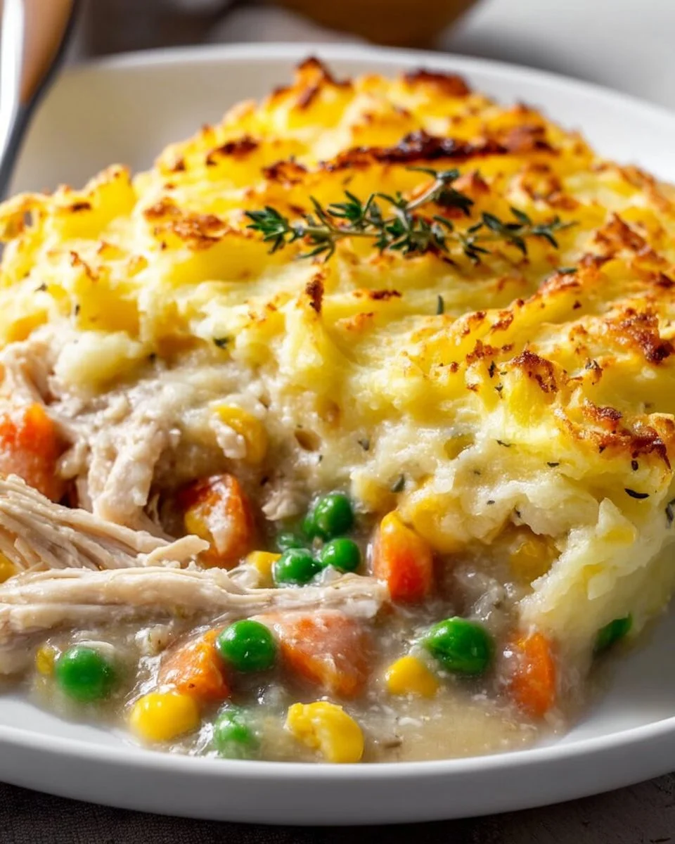 Delicious Chicken Shepherd's Pie topped with golden mashed potatoes
