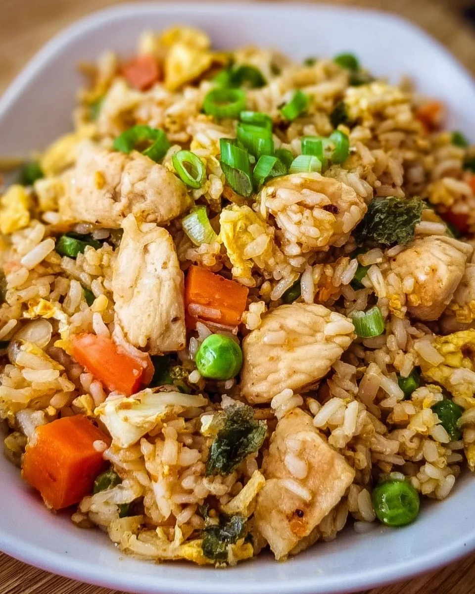 Plate of Chicken Stir Fried Rice with vegetables