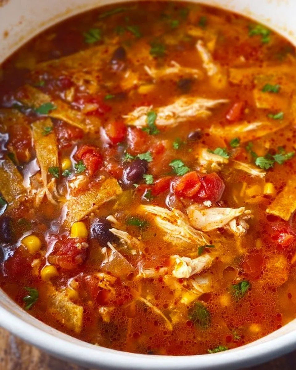 Bowl of Chicken Tortilla Soup garnished with tortilla strips and avocado.