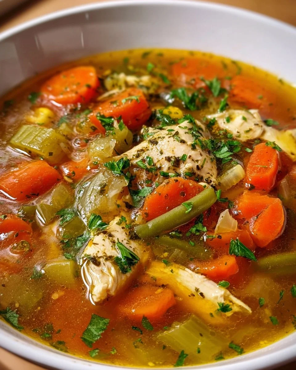 Bowl of Chicken Vegetable Soup with colorful vegetables and tender chicken pieces.
