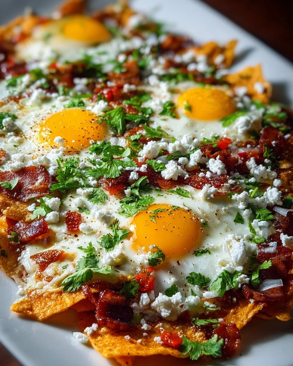 Chilaquiles topped with bacon, eggs, and cheese in a colorful dish