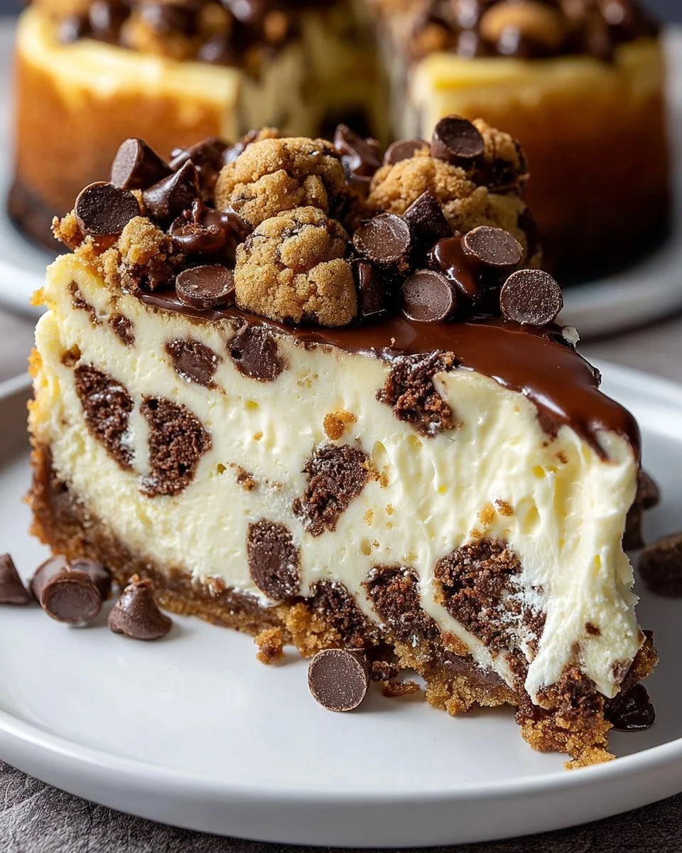 Delicious Chocolate Chip Cookie Dough Cheesecake with a creamy topping and cookie dough pieces
