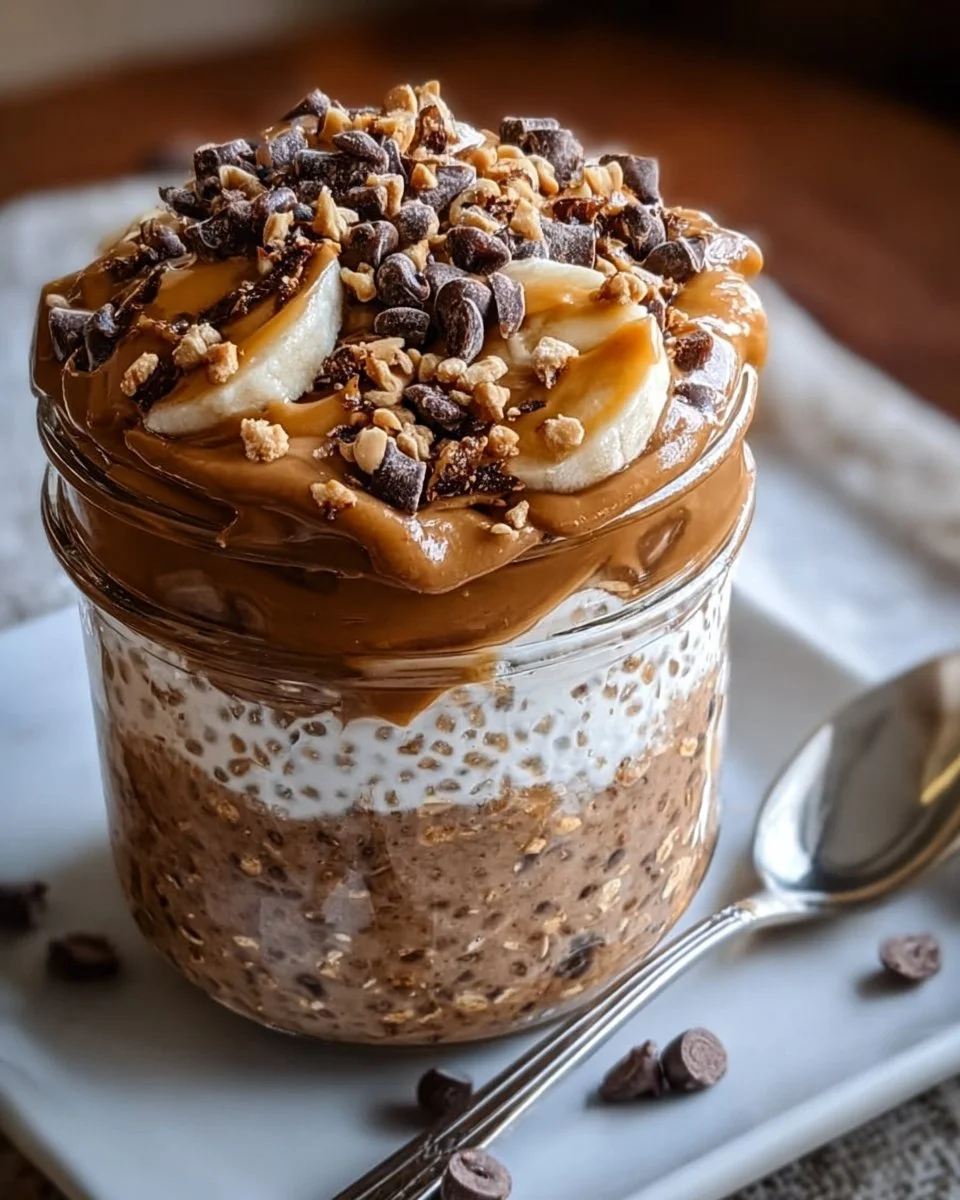 Delicious bowl of chocolate peanut butter overnight oats topped with fruit and nuts.