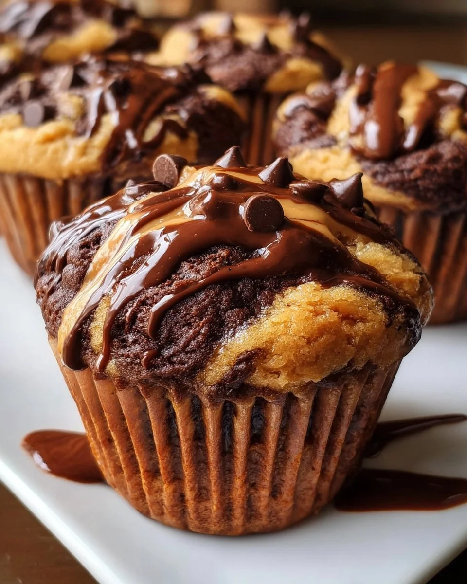 Delicious Chocolate Peanut Butter Swirl Muffins fresh out of the oven