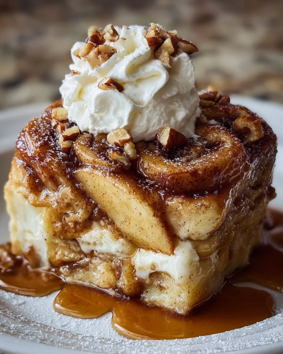 Delicious cinnamon roll apple lasagna dessert stacked with apples and frosting