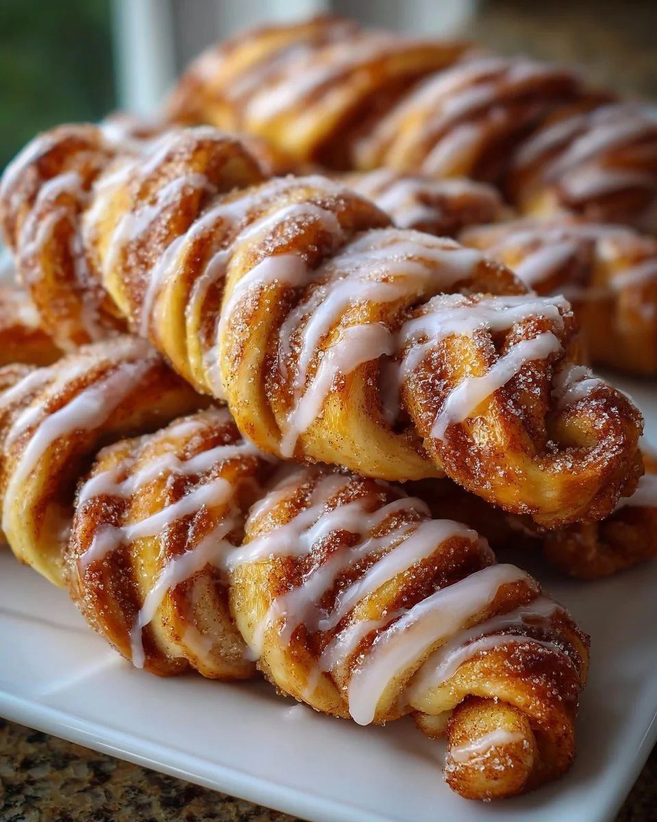 Freshly baked cinnamon roll bread twists with cinnamon and icing.