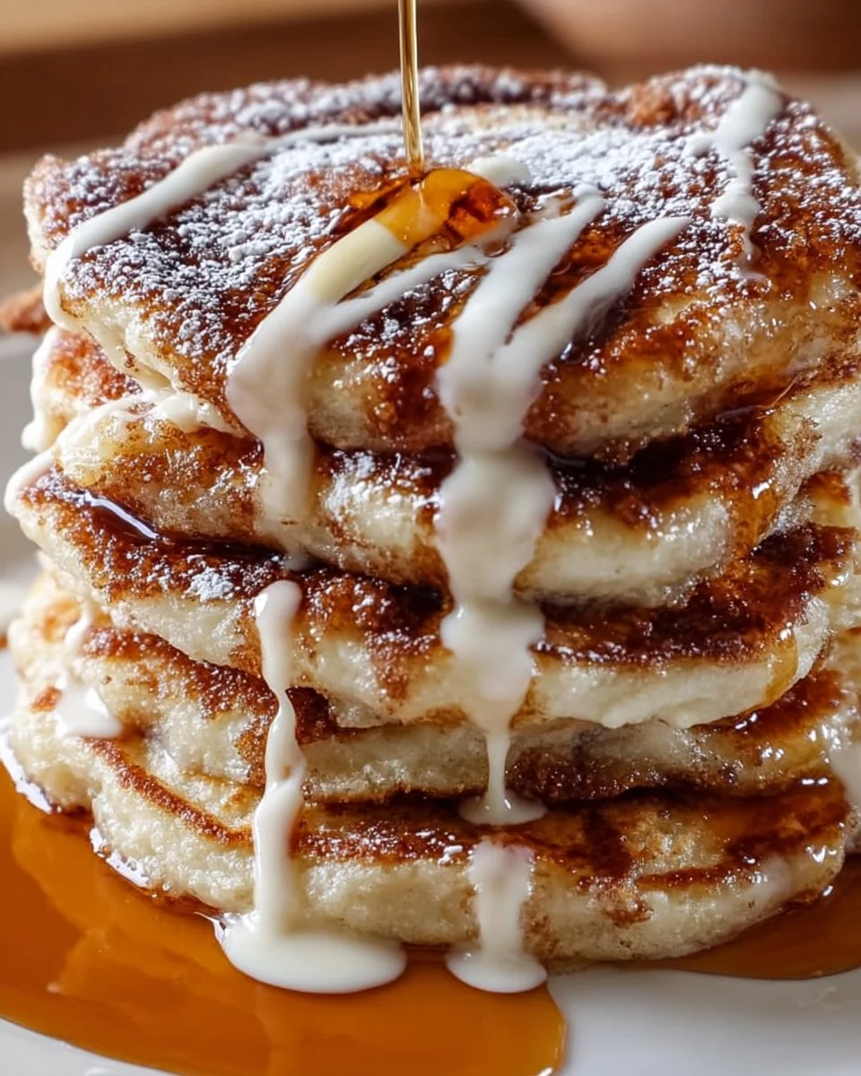 Delicious cinnamon roll pancakes topped with icing and cinnamon