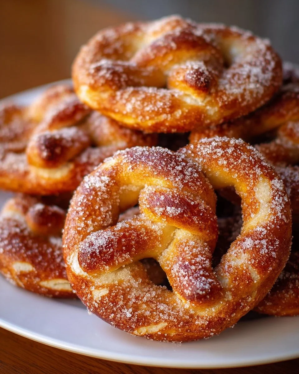 Cinnamon sugar soft pretzels fresh out of the oven, topped with sweet cinnamon sugar.