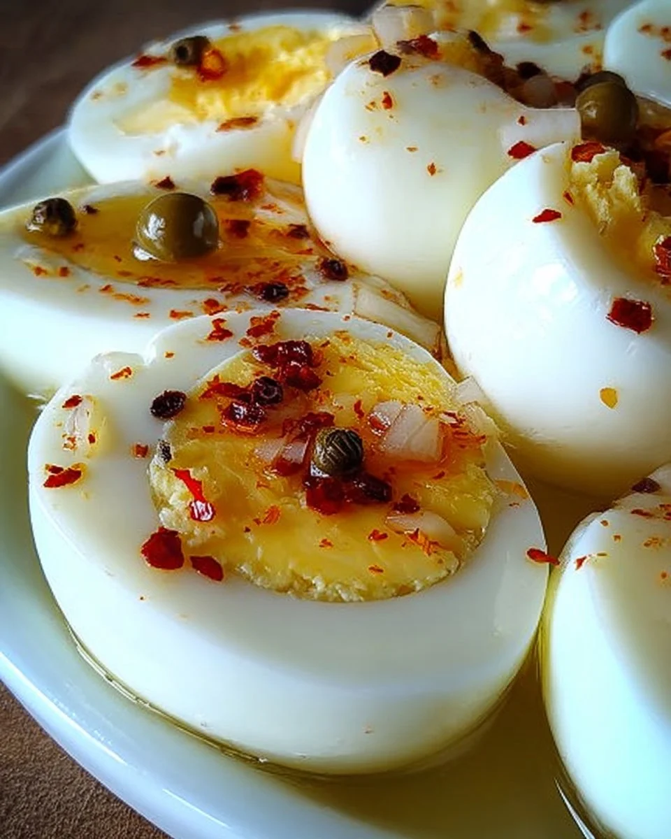 Classic pickled eggs in a jar, perfect for appetizers and snacks.