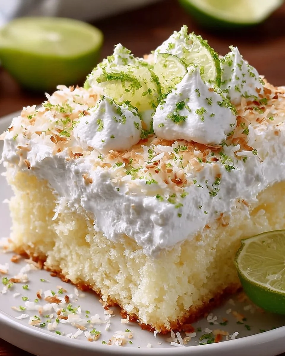Delicious Coconut Lime Poke Cake with coconut flakes and lime icing on a plate.